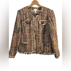 Chico’s Fringe Tweed Ida Jacket Size 2 Large 12Career Academia Preppy Poetcore